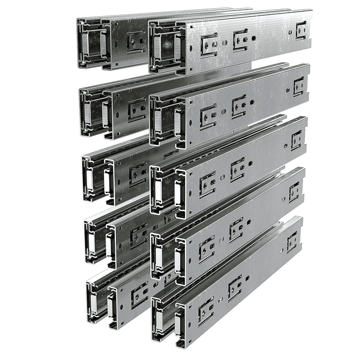 Angled right view of 10-pair bundle of 18-inch ball-bearing drawer slides