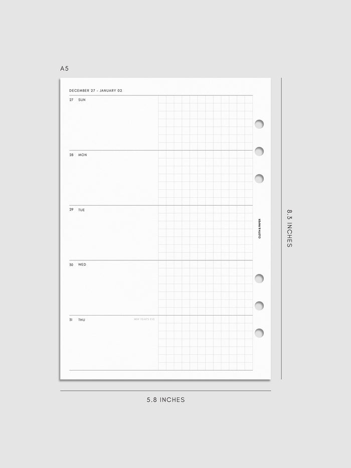 Mockup of the 2027 Dated Weekly Horizontal Planner Inserts | Sunday Start left page shown in size A5 6-Ring Punch
