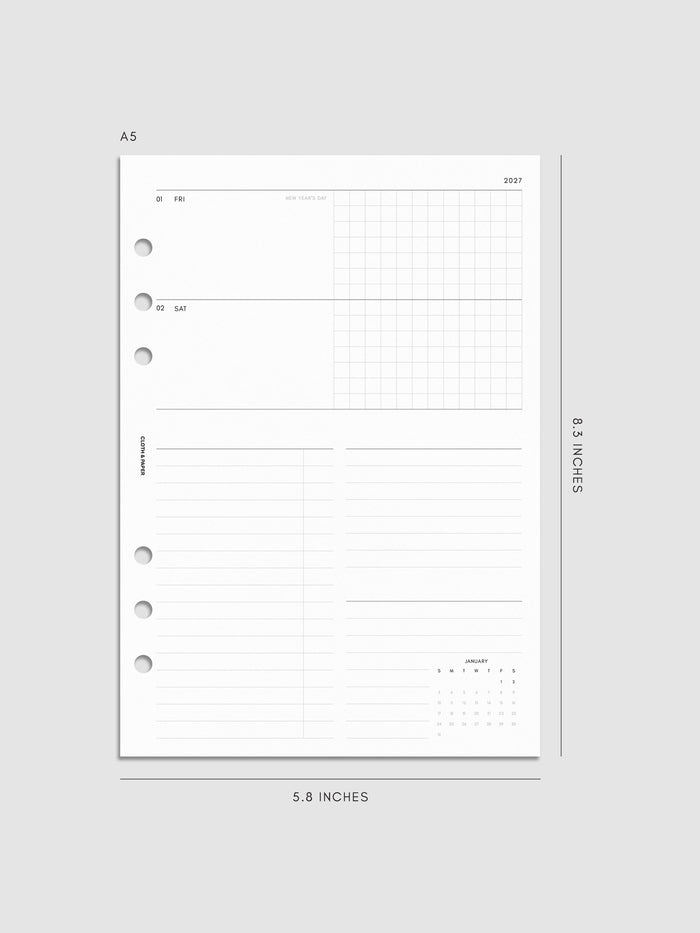 Mockup of the 2027 Dated Weekly Horizontal Planner Inserts | Sunday Start right page shown in size A5 6-Ring Punch