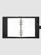 2027 Dated Weekly Horizontal Planner Inserts, Sunday Start, A5 6-Ring Punch, full week-on-two-pages horizontal spread showing each day split into open and graph columns, with tasks column, notes column, and mini monthly calendar on the right page, shown inside a planner
