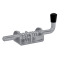 Aluminum base Spring Bolt with a stainless steel rod. Shown in right perspective with rod in closed position.