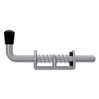 Aluminum base Spring Bolt with stainless steel rod. Shown in front perspective with rod in closed position.