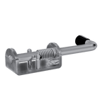 Aluminum base Spring Bolt with stainless steel rod. Shown in right perspective with rod in open position.