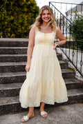 Butter Yellow Lace-Up Maxi Dress – Romantic Tiered Cottage Dress- In Loom Maxi Dress