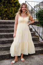Butter Yellow Lace-Up Maxi Dress – Romantic Tiered Cottage Dress- In Loom Maxi Dress