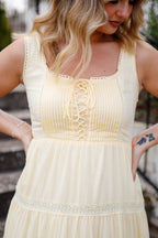 Butter Yellow Lace-Up Maxi Dress – Romantic Tiered Cottage Dress- In Loom Maxi Dress