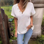 Adina - Pull élégant à décolleté en V avec manches courtes et boutons