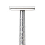 Close-up of Henson AL13 razor in silver – Calgary safety razor with aluminum handle