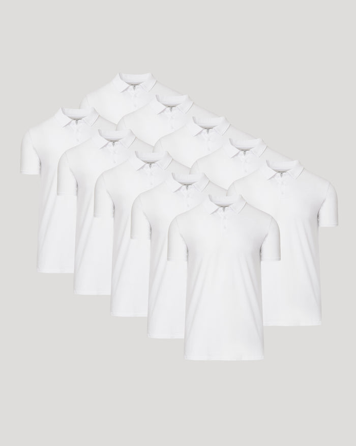 All White Tall Classic Polo 10-Pack neatly arranged, highlighting classic collars.