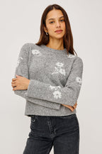 Anise Sweater in Wool Blend With Contrast Floral Motifs, Crew Neckline, Long Sleeves, and Relaxed Boxy Fit in Heather Floral Colorway - Upper Body Front View Featured on Model