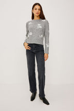 Anise Sweater in Wool Blend With Contrast Floral Motifs, Crew Neckline, Long Sleeves, and Relaxed Boxy Fit in Heather Floral Colorway - Full Body Front View Featured on Model