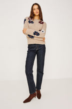 Anise Sweater in Wool Blend With Contrast Floral Motifs, Crew Neckline, Long Sleeves, and Relaxed Boxy Fit in Oat Daisies Colorway - Full Body Front View Featured on Model