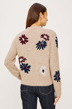 Anise Sweater in Wool Blend With Contrast Floral Motifs, Crew Neckline, Long Sleeves, and Relaxed Boxy Fit in Oat Daisies Colorway - Upper Body Back View Featured on Model