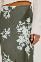 Anya Midi Skirt in Satin-Back Crepe, High-Rise Elastic Waistband, Pull-On FIt in Lace Floral Colorway - Lower Body Front View Featured on Model