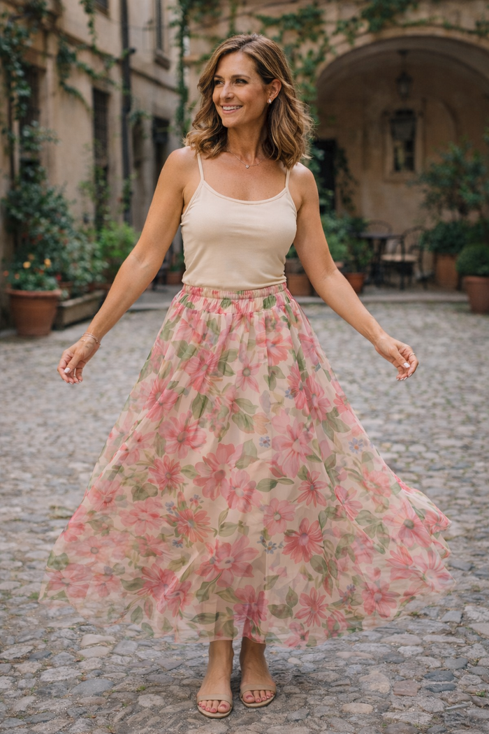 Ariane Floral Tulle Skirt Fuchsia