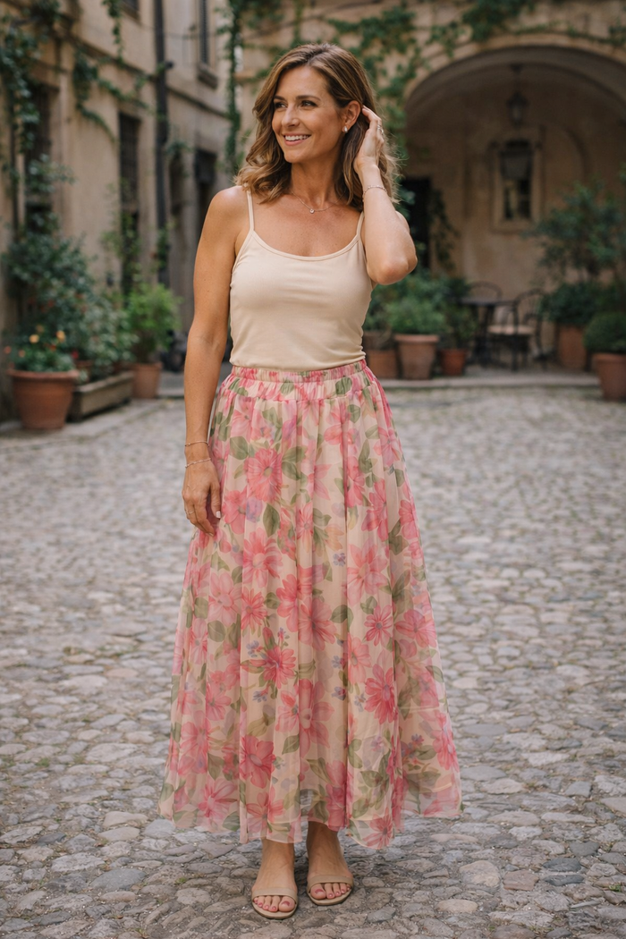 Ariane Floral Tulle Skirt Fuchsia