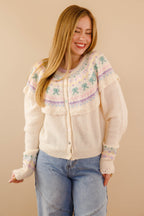 Women's Fair Isle Cardigan- Pastel Ruffle Cardigan- Women's Spring Cardigan
