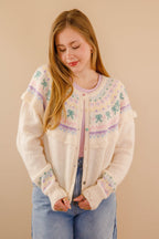 Women's Fair Isle Cardigan- Pastel Ruffle Cardigan- Women's Spring Cardigan