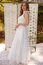 White Tiered Maxi Dress – Ruffle Strap Smocked Waist Dress with Pockets