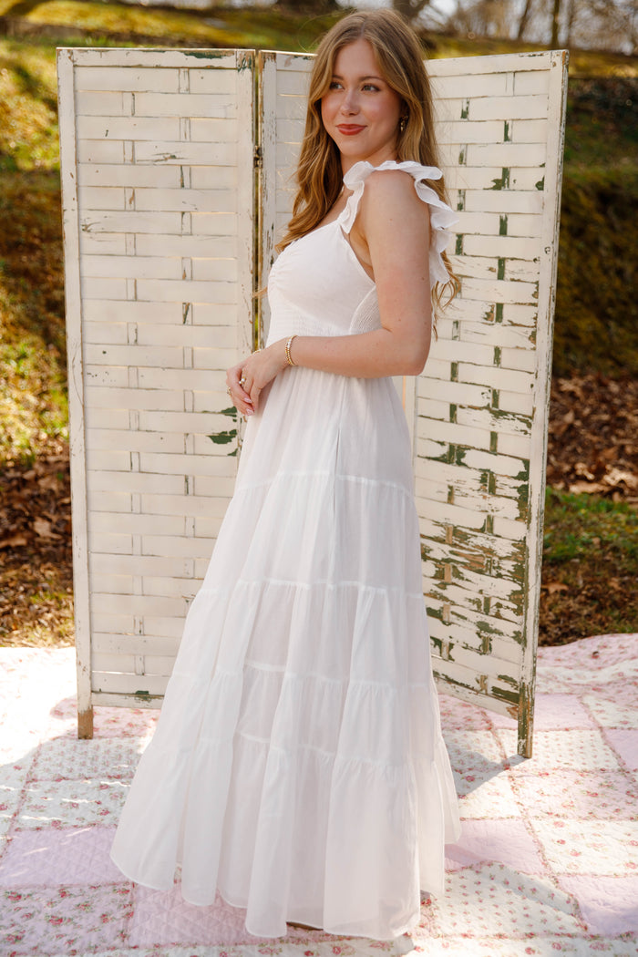 White Tiered Maxi Dress – Ruffle Strap Smocked Waist Dress with Pockets