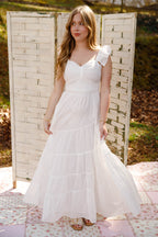 White Tiered Maxi Dress – Ruffle Strap Smocked Waist Dress with Pockets