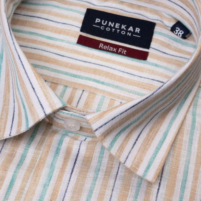 Beige & Aqua Striped Blend Cotton Shirt for Men - Punekar Cotton