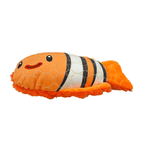 White background with a orange and white Bite Force Clown fish Dog Toy with stitched eye and smile details laying flat.