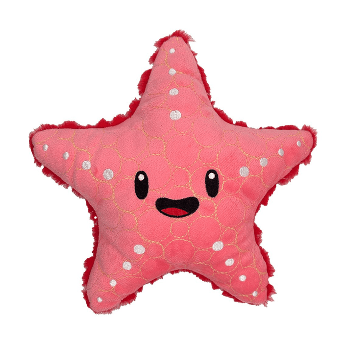 White background with a light pink Bite Force starfish Dog Toy with stitched eye and smile details.