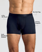 Black Boxer Trunks W/ Fly 3-Pack showcasing stretch, support, and 3D pouch.