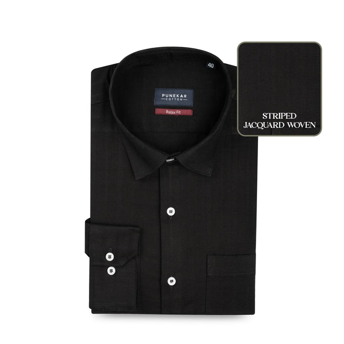 Black Colour Vertical Stripe Textured Jacquard Shirt for Men - Punekar Cotton