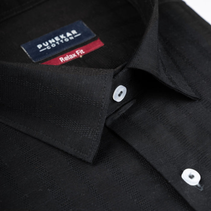 Black Colour Vertical Stripe Textured Jacquard Shirt for Men - Punekar Cotton