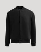 Black Fleece Bomber Jacket with snap-buttons, ribbed trims, and slanted pockets.