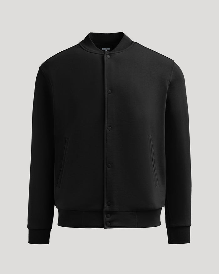 Black Fleece Bomber Jacket with snap-buttons, ribbed trims, and slanted pockets.