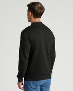 Black Fleece Bomber Jacket, back view, with ribbed cuffs and hem.