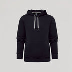 Black Fleece French Terry Pullover Hoodie with white drawstrings and kangaroo pocket.