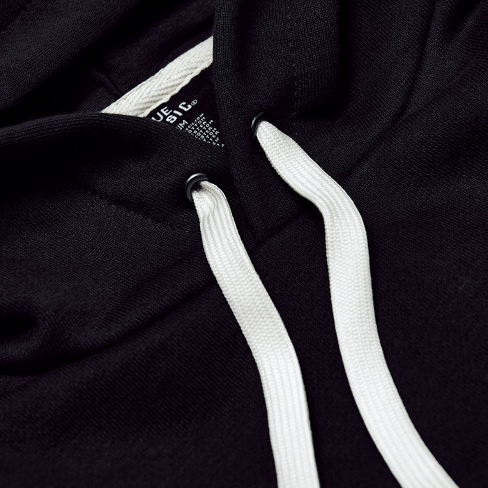 Black Fleece French Terry Pullover Hoodie with white drawcords and label.