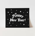 Black card with 'Happy New Year!' text and white stars on a light gray background