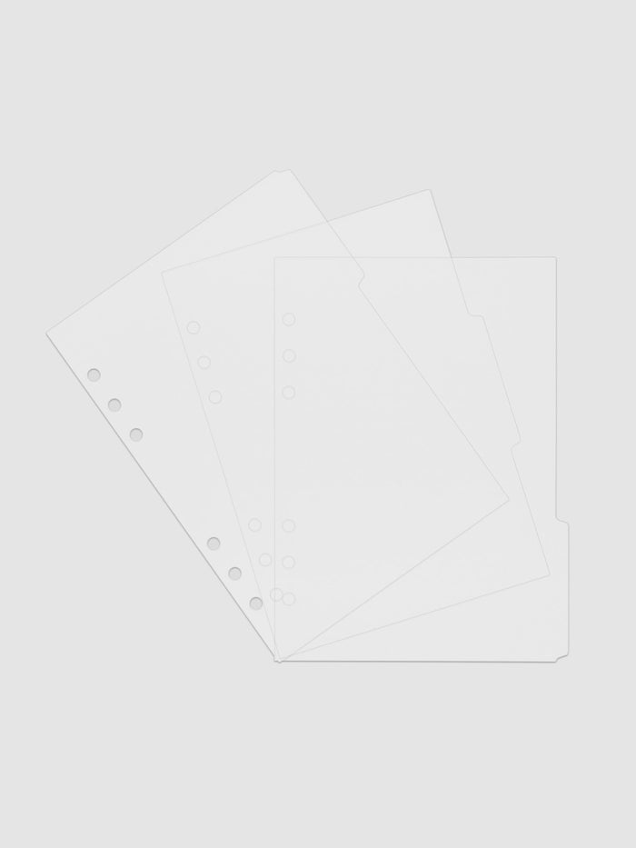 Three 6-ring punch clear side tab dividers sized for A5 planners.