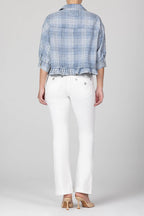 Blue Denim Plaid top with Ruffle Hem
