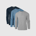 Blues Long Sleeve Henley 3-Pack: light gray, muted blue, dark navy.