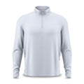 The Bone - Q-Zip is a light gray, long-sleeve pullover with a stand-up collar and half-zip closure. Made from moisture-wicking fabric with fitted wrists, this relaxed-fit shirt is displayed on an invisible mannequin against a white background.