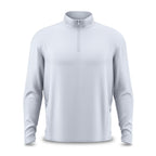 The Bone - Q-Zip is a light gray, long-sleeve pullover with a stand-up collar and half-zip closure. Made from moisture-wicking fabric with fitted wrists, this relaxed-fit shirt is displayed on an invisible mannequin against a white background.