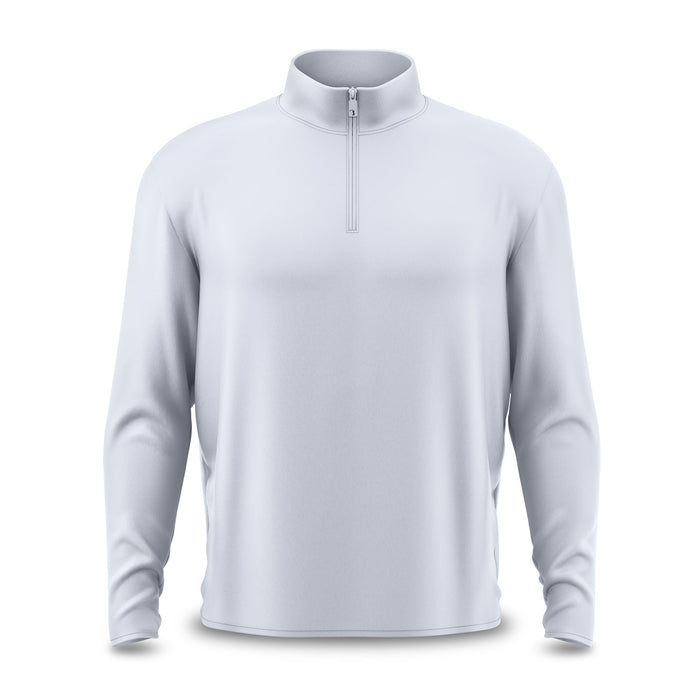The Bone - Q-Zip is a light gray, long-sleeve pullover with a stand-up collar and half-zip closure. Made from moisture-wicking fabric with fitted wrists, this relaxed-fit shirt is displayed on an invisible mannequin against a white background.