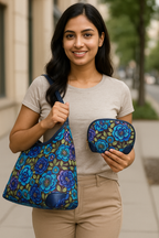 Blue Shoulder tote bag with Wristlet Wallet Combo for women