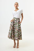 Brisa 3D Daisy Print Midi Skirt - Green - Bascora