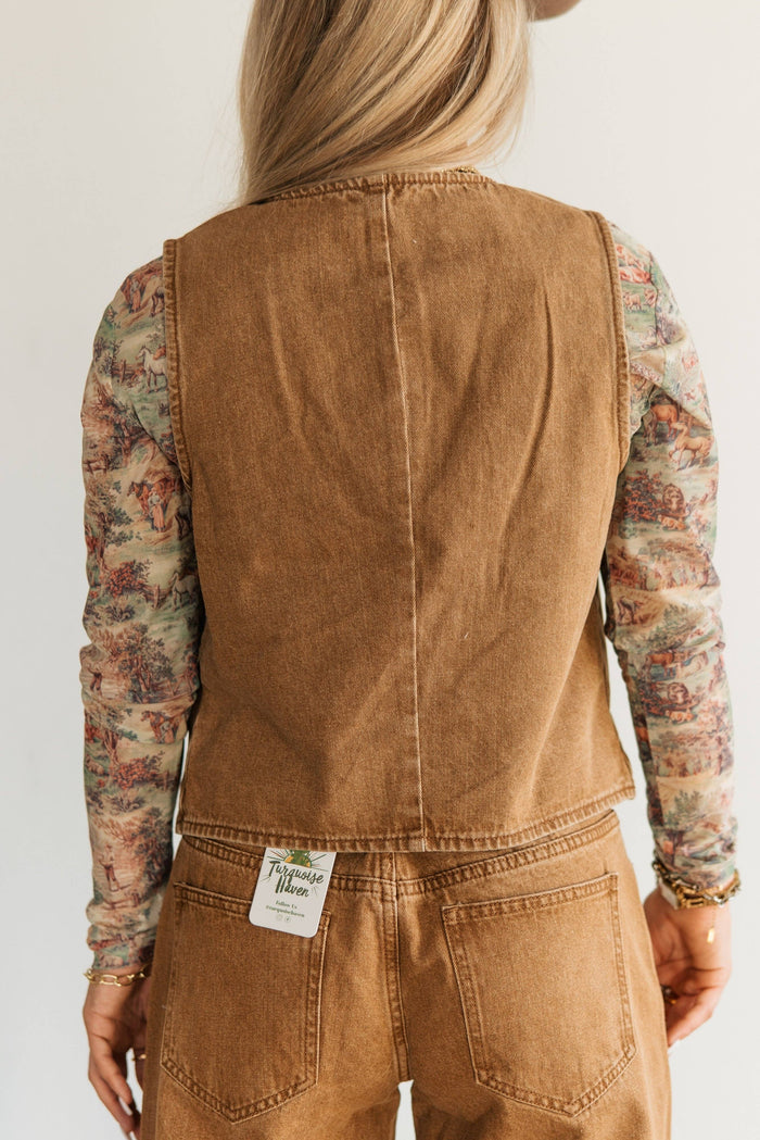 Brown Denim Western Style Cowgirl Vest