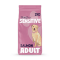 White background with a pink bag of Burgess Sensitive Adult dry food. On the bag is a illustration of a golden Labrador dog. Text on the bag reads 'Burgess Sensitive, Salmon Adult Complete, from 1+ years'.