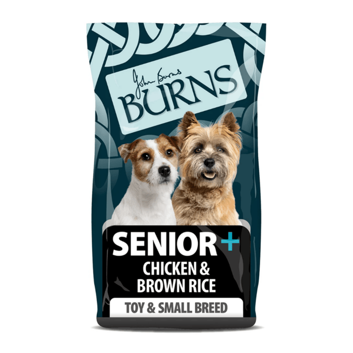White background with a bag of Burns Senior Small Breed Chicken dry dog food, pictured on the bag is a Cairn terrier and a Jack Russel terrier below is text 'Senior+ Chicken & Brown Rice, Toy & Small Breed'.