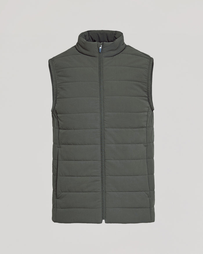 Carbon Puffer Vest, sleeveless, quilted, with zipper and stand-up collar.