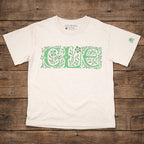White t-shirt with green floral 'CLE' design on a wooden surface